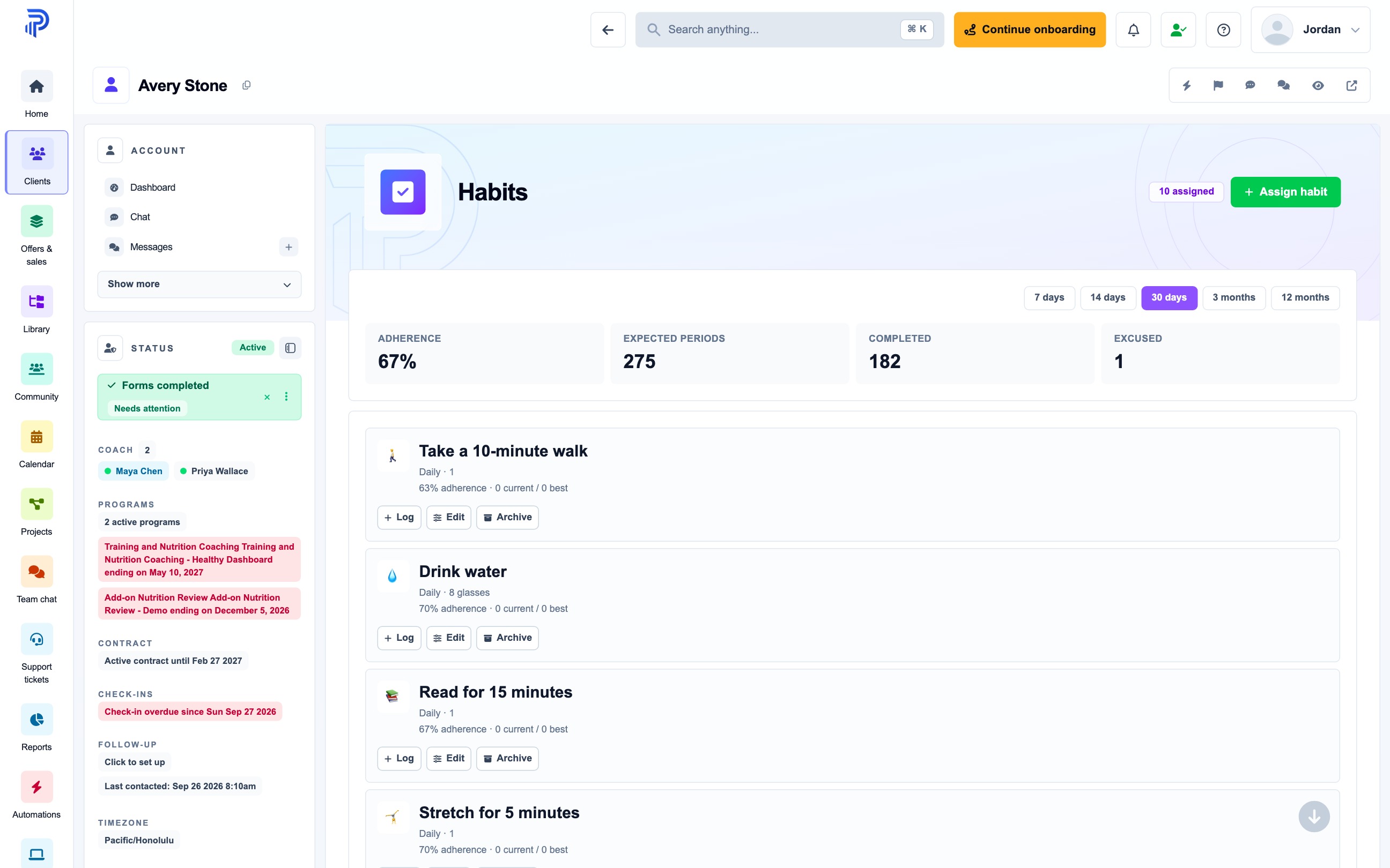 Habits: coach view of assigned habits and progress