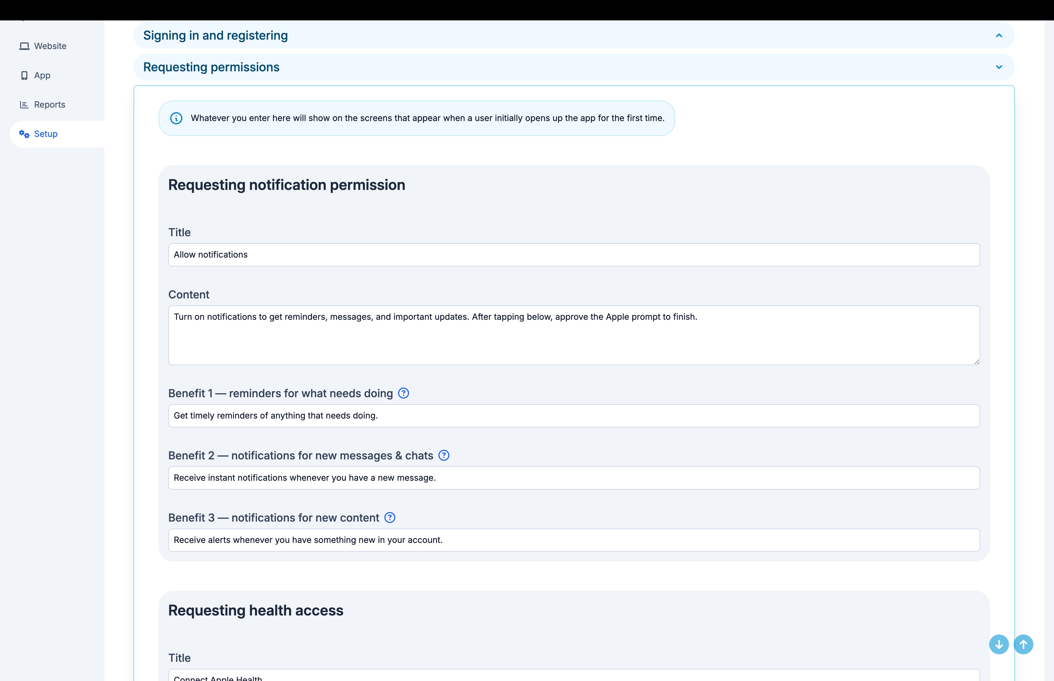 Admin > Setup > Apps screen where you edit permission copy