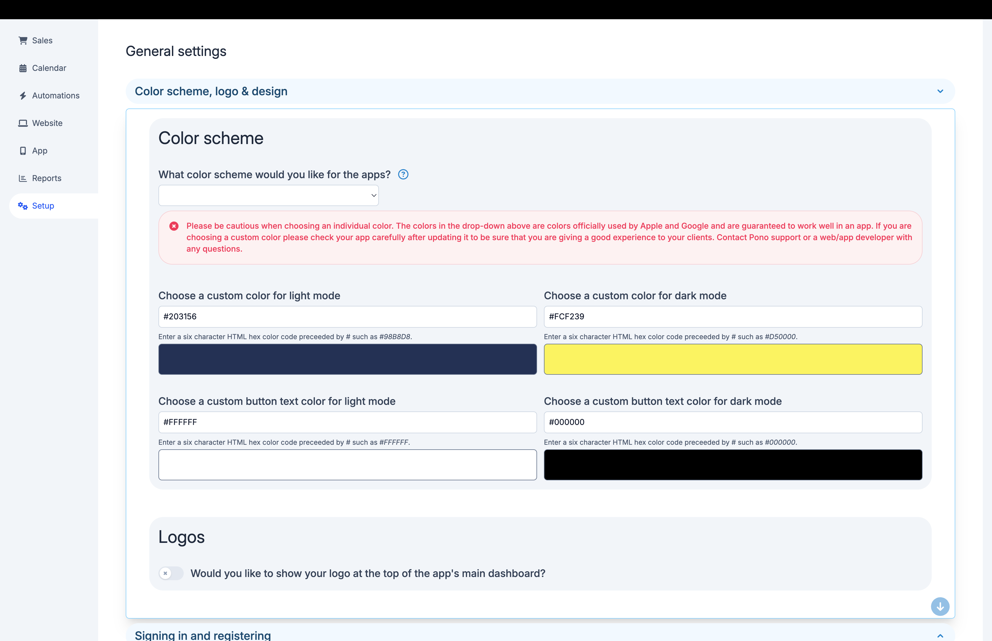 Admin > Setup > Apps settings showing the logo toggle