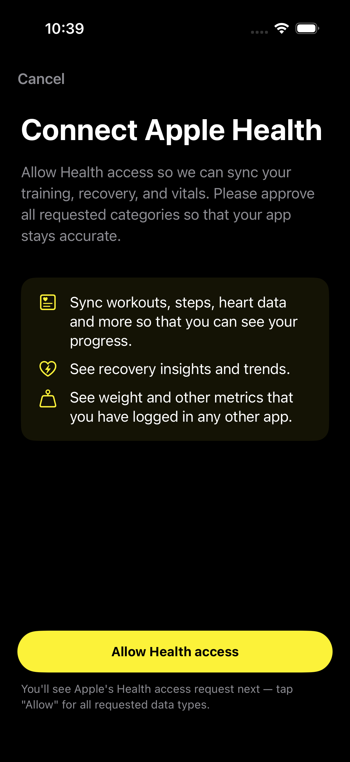 Custom Apple Health permission screen in the Pono iOS app