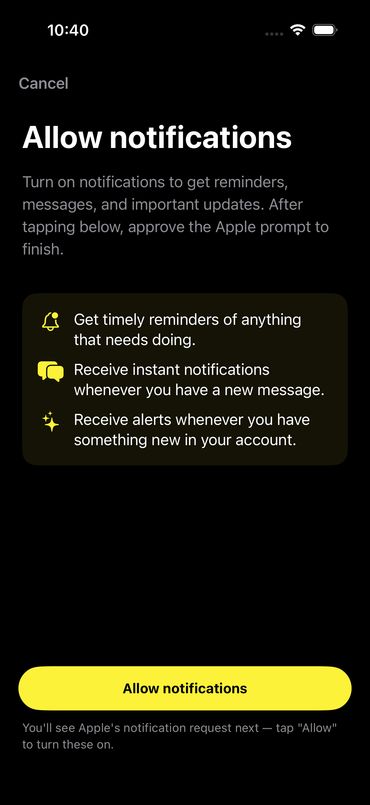 Custom notification permission screen in the Pono iOS app