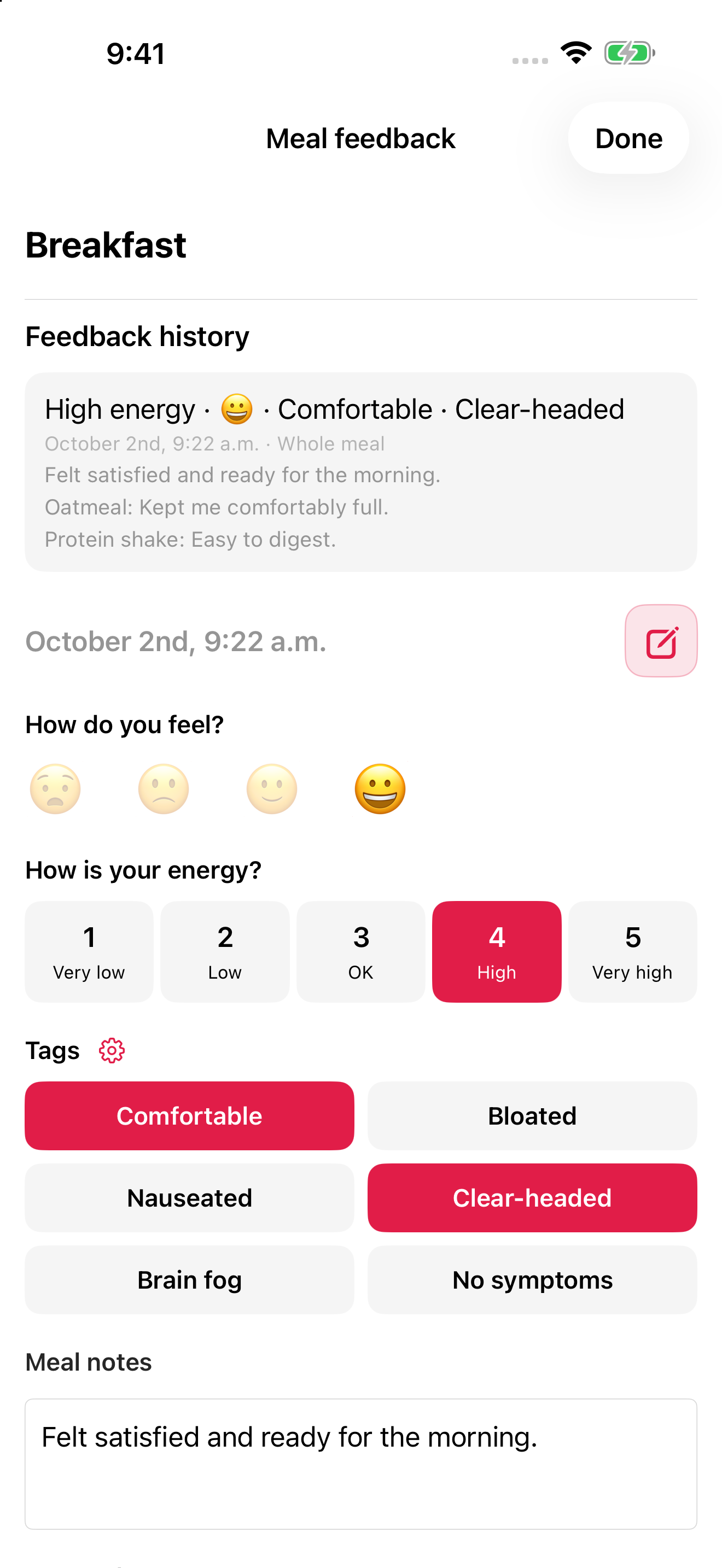 Meal feedback with a saved observation, feeling, energy rating, tags, and meal notes.