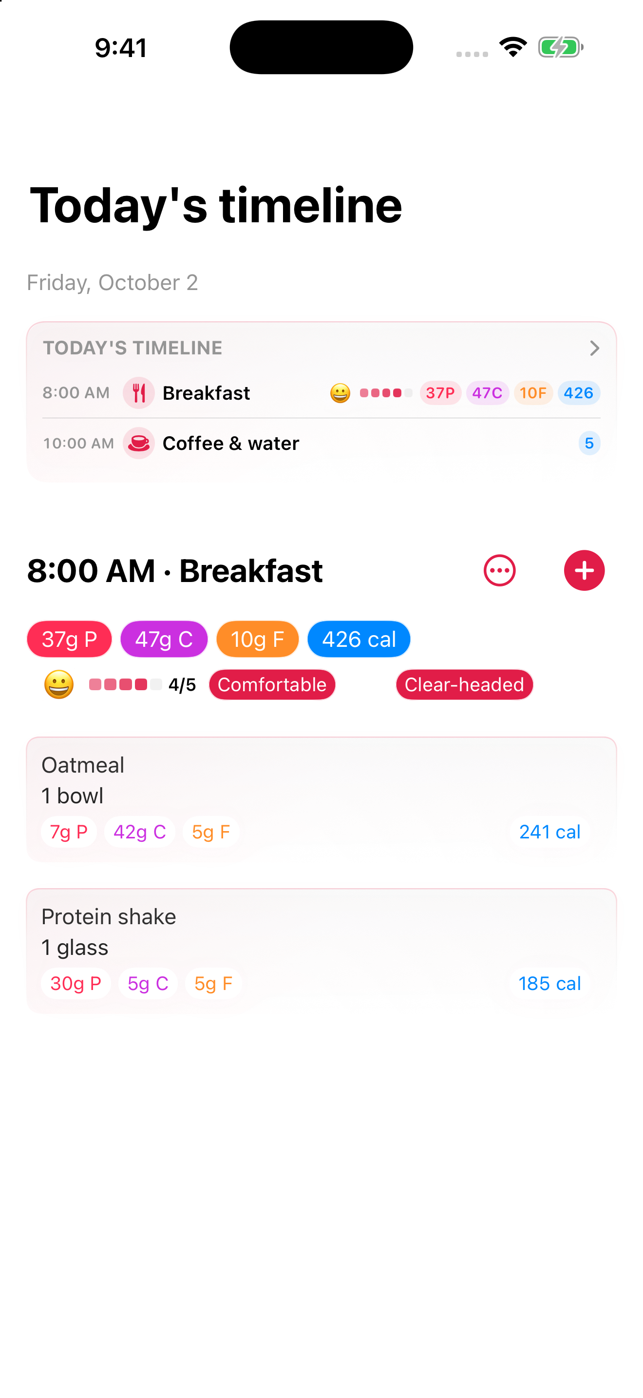 Nutrition timeline showing a meal feeling and energy rating alongside its name and macros.